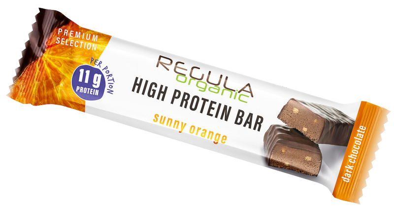 Bio Protein Riegel sunny orange in Zartbitterschokolade Vorderansicht